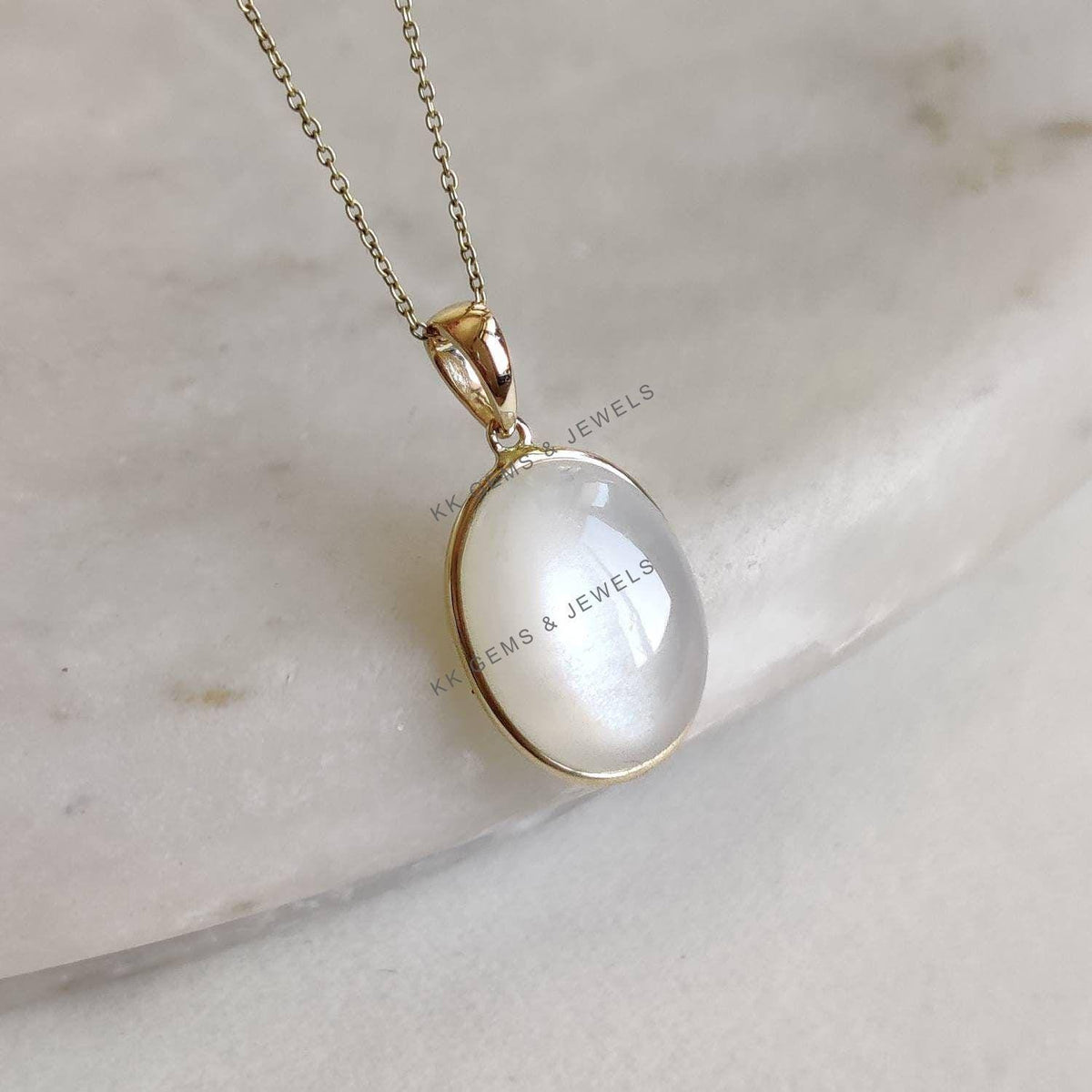 Oval Natural White Moonstone Pendant, 14K Solid Yellow Gold, June Birthstone