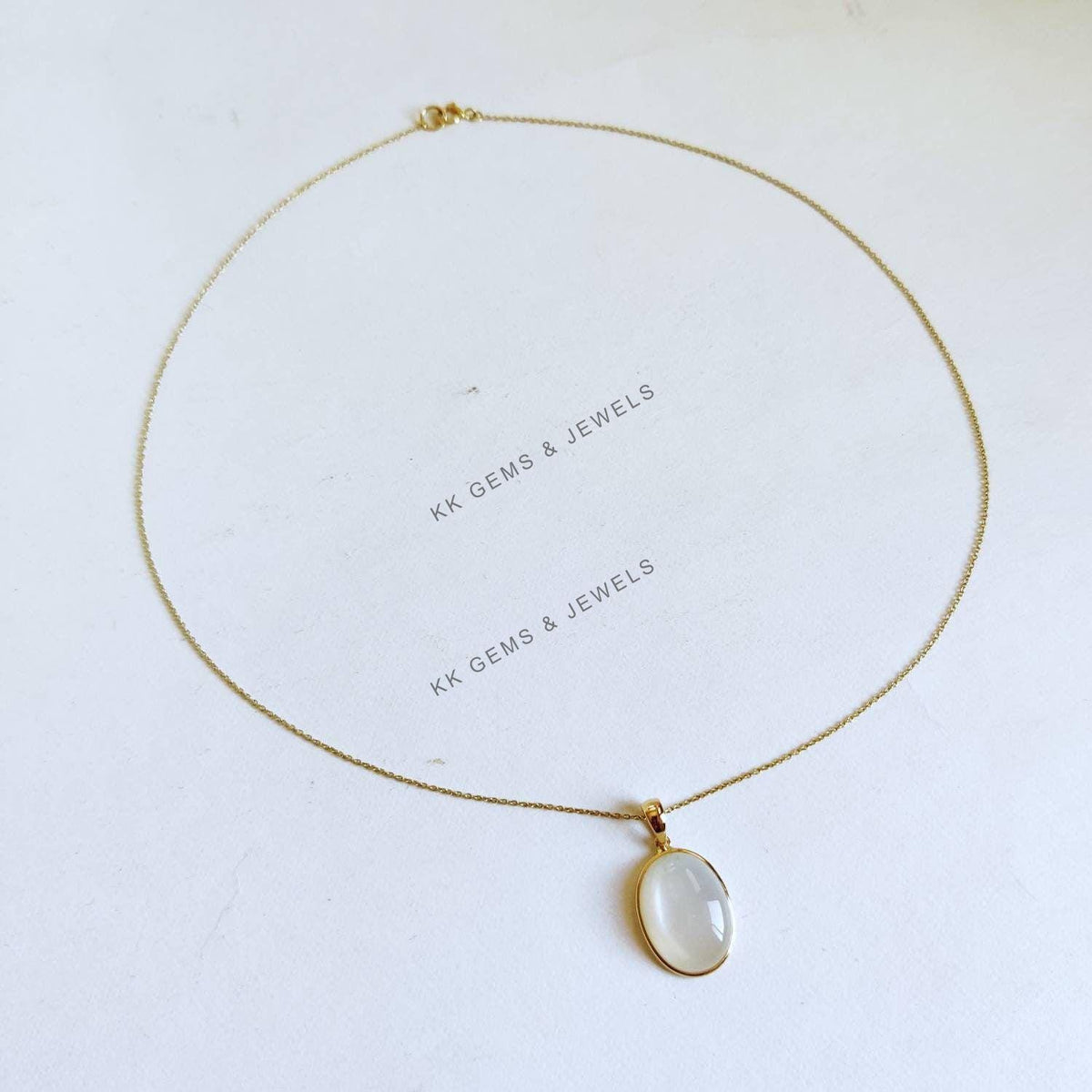 Oval Natural White Moonstone Pendant, 14K Solid Yellow Gold, June Birthstone