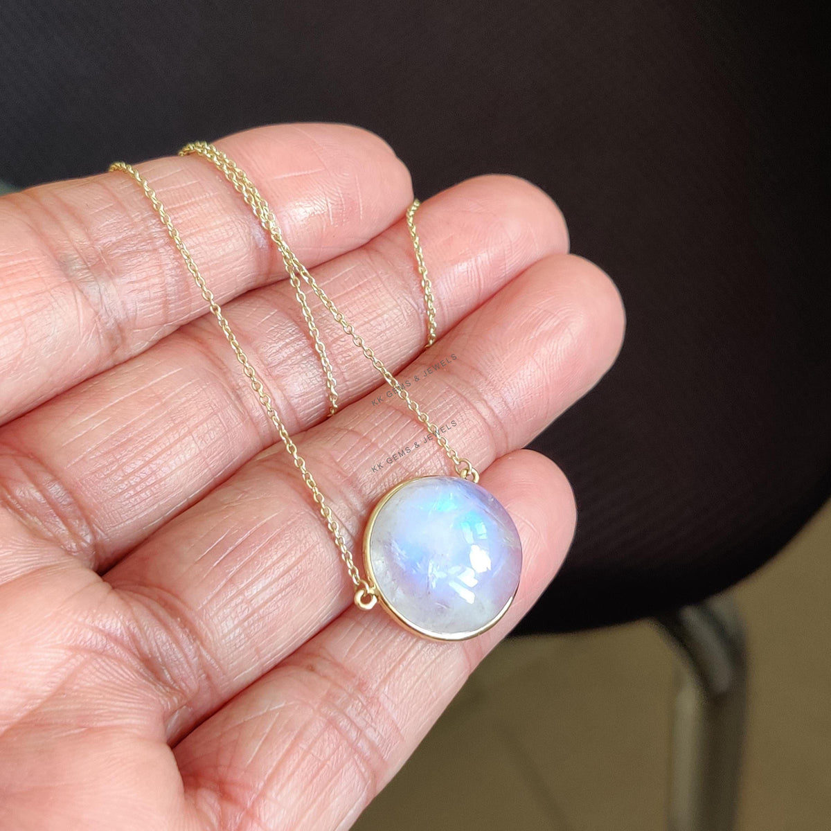 14K Solid Gold Natural Rainbow Moonstone Chain Necklace, June Birthstone