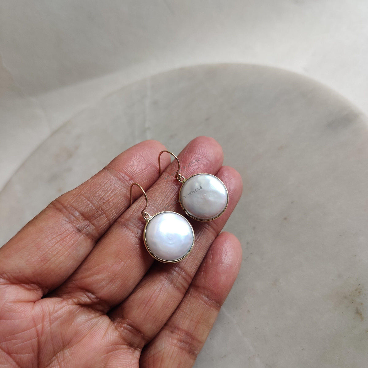 14K Solid Yellow Gold Natural Pearl Earrings, Round Bezel, June Birthstone