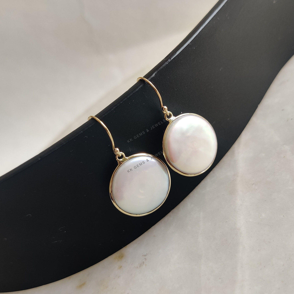 14K Solid Yellow Gold Natural Pearl Earrings, Round Bezel, June Birthstone