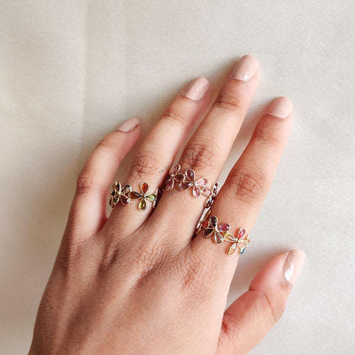 14k Solid Gold Natural Multi Tourmaline Flower Infinity Ring, October Birthstone