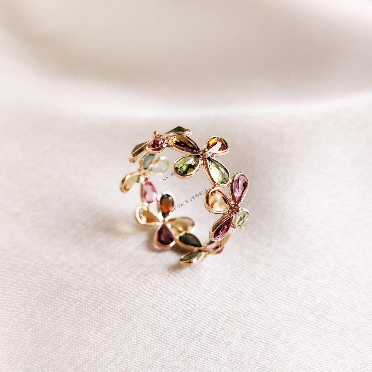 14k Solid Gold Natural Multi Tourmaline Flower Infinity Ring, October Birthstone