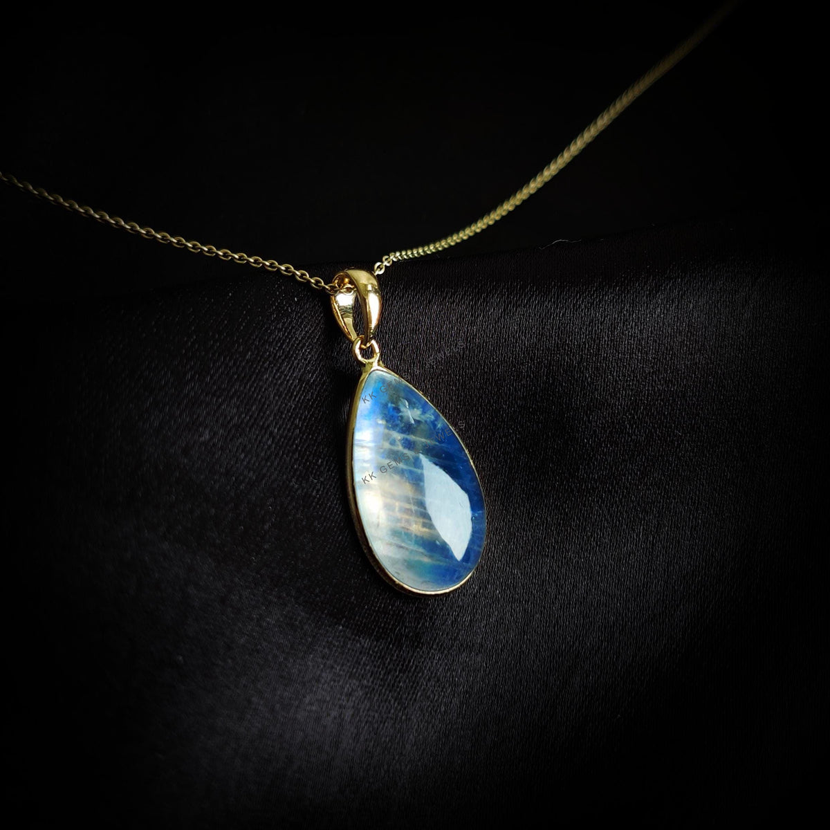 14K Solid Yellow Gold Natural Rainbow Moonstone Pear Pendant, June Birthstone