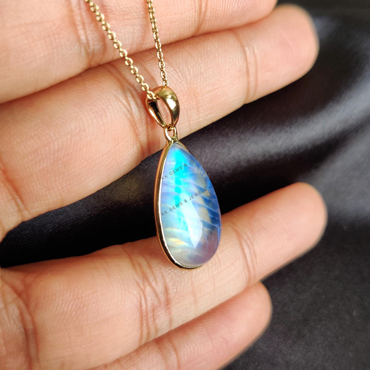 14K Solid Yellow Gold Natural Rainbow Moonstone Pear Pendant, June Birthstone