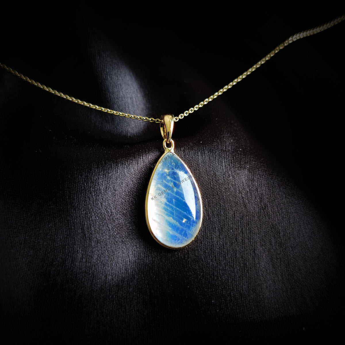 14K Solid Yellow Gold Natural Rainbow Moonstone Pear Pendant, June Birthstone