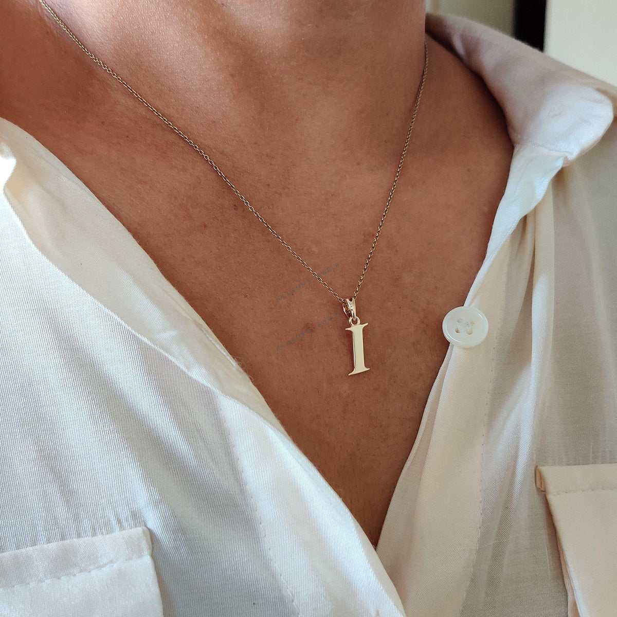 14K Solid Yellow Gold Initial I Pendant, Charm Alphabet
