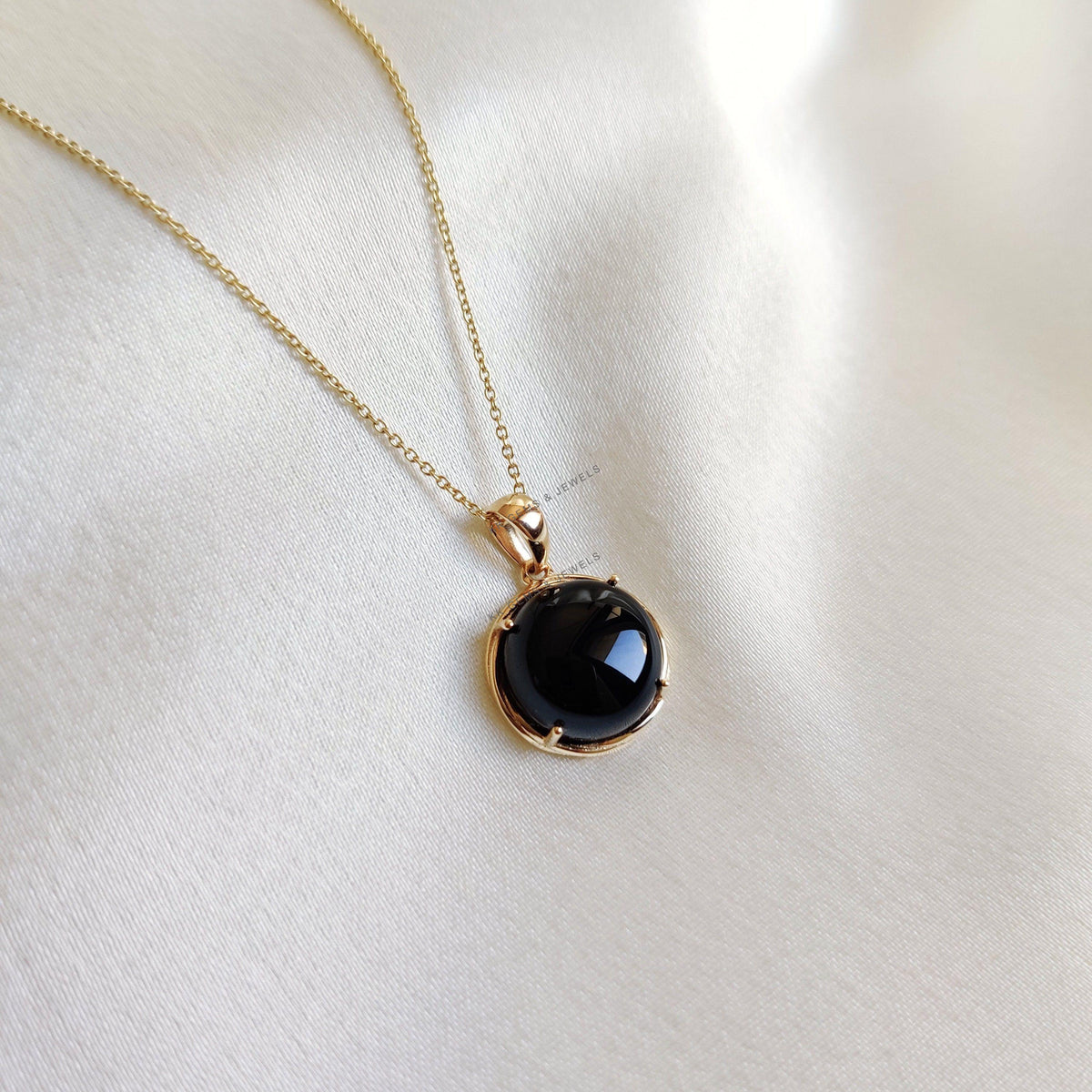 14K Solid Yellow Gold Natural Black Onyx Pendant, December Birthstone