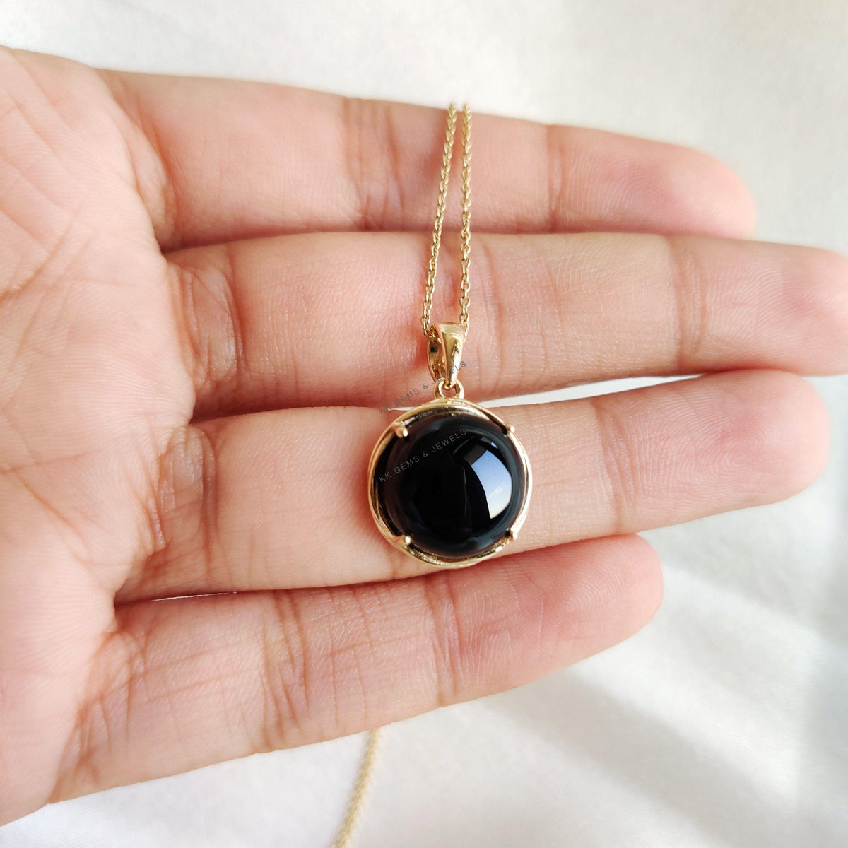 14K Solid Yellow Gold Natural Black Onyx Pendant, December Birthstone