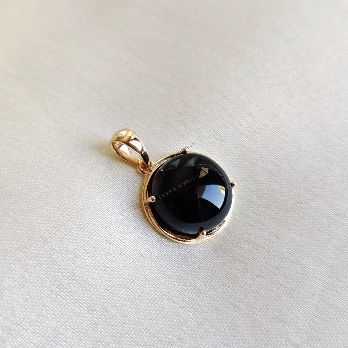 14K Solid Yellow Gold Natural Black Onyx Pendant, December Birthstone