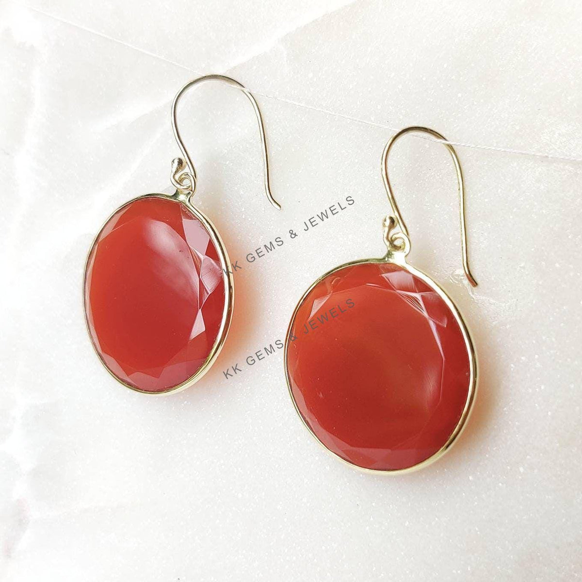 14K Solid Yellow Gold Natural Red Onyx Round Flat Cut Earrings, Handmade Jewelry
