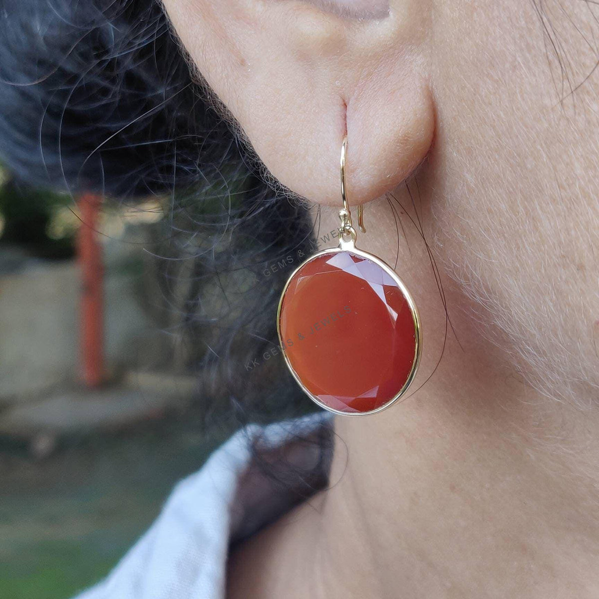 14K Solid Yellow Gold Natural Red Onyx Round Flat Cut Earrings, Handmade Jewelry