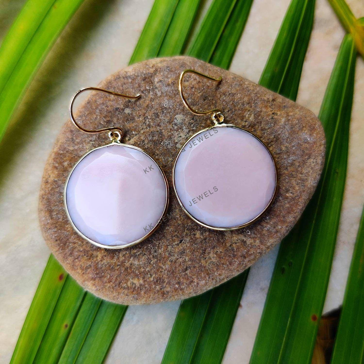 Natural Pink Opal 14K Solid Yellow Gold Earrings, Round Gemstone Bezel Set