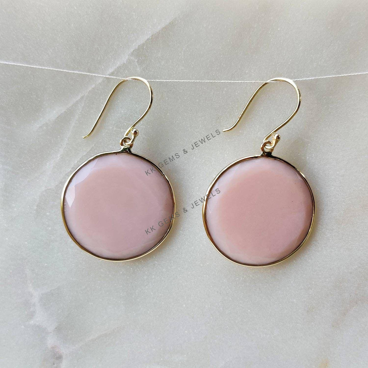 Natural Pink Opal 14K Solid Yellow Gold Earrings, Round Gemstone Bezel Set