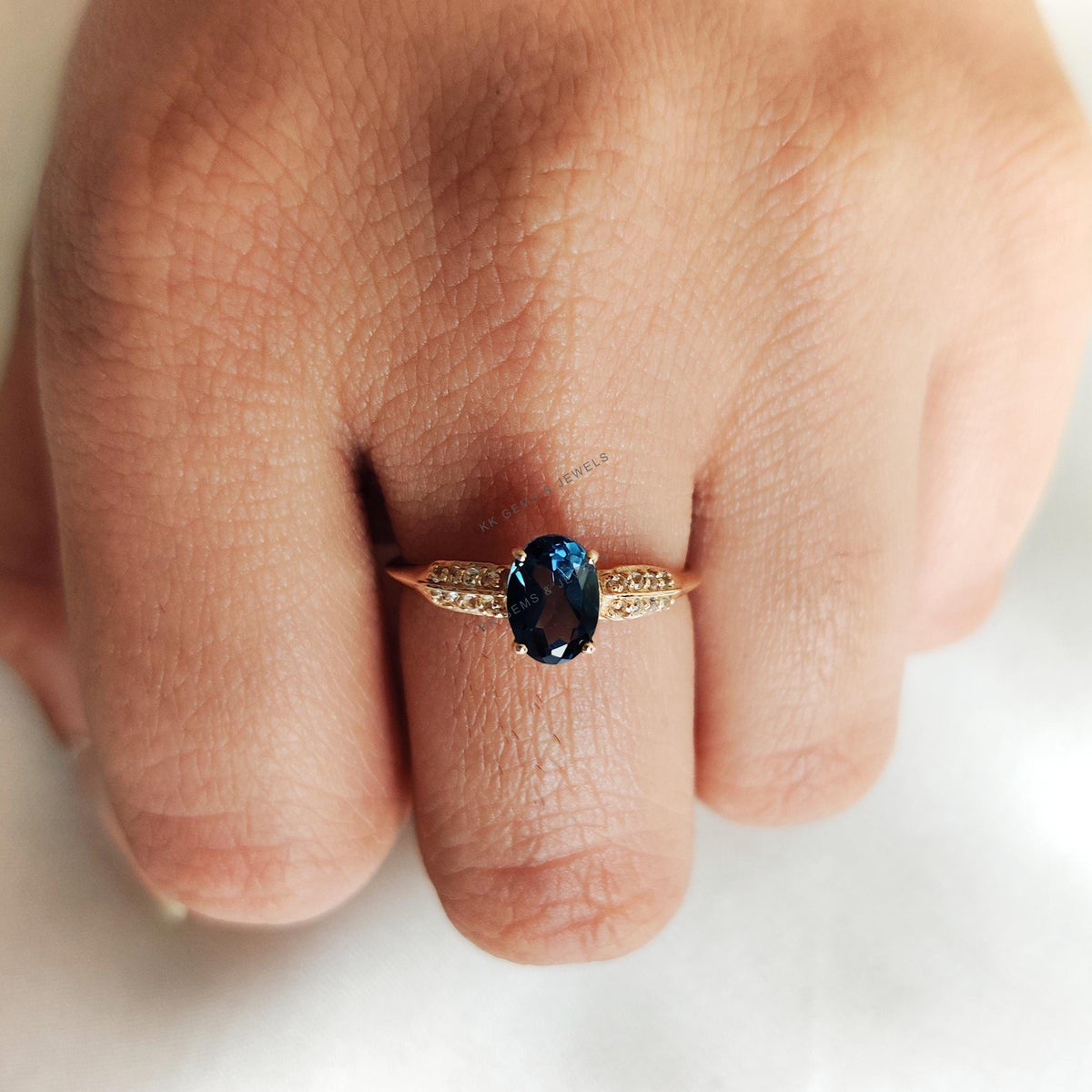 14K Solid Yellow Gold Natural London Blue Topaz & Diamond Ring, December Birthstone