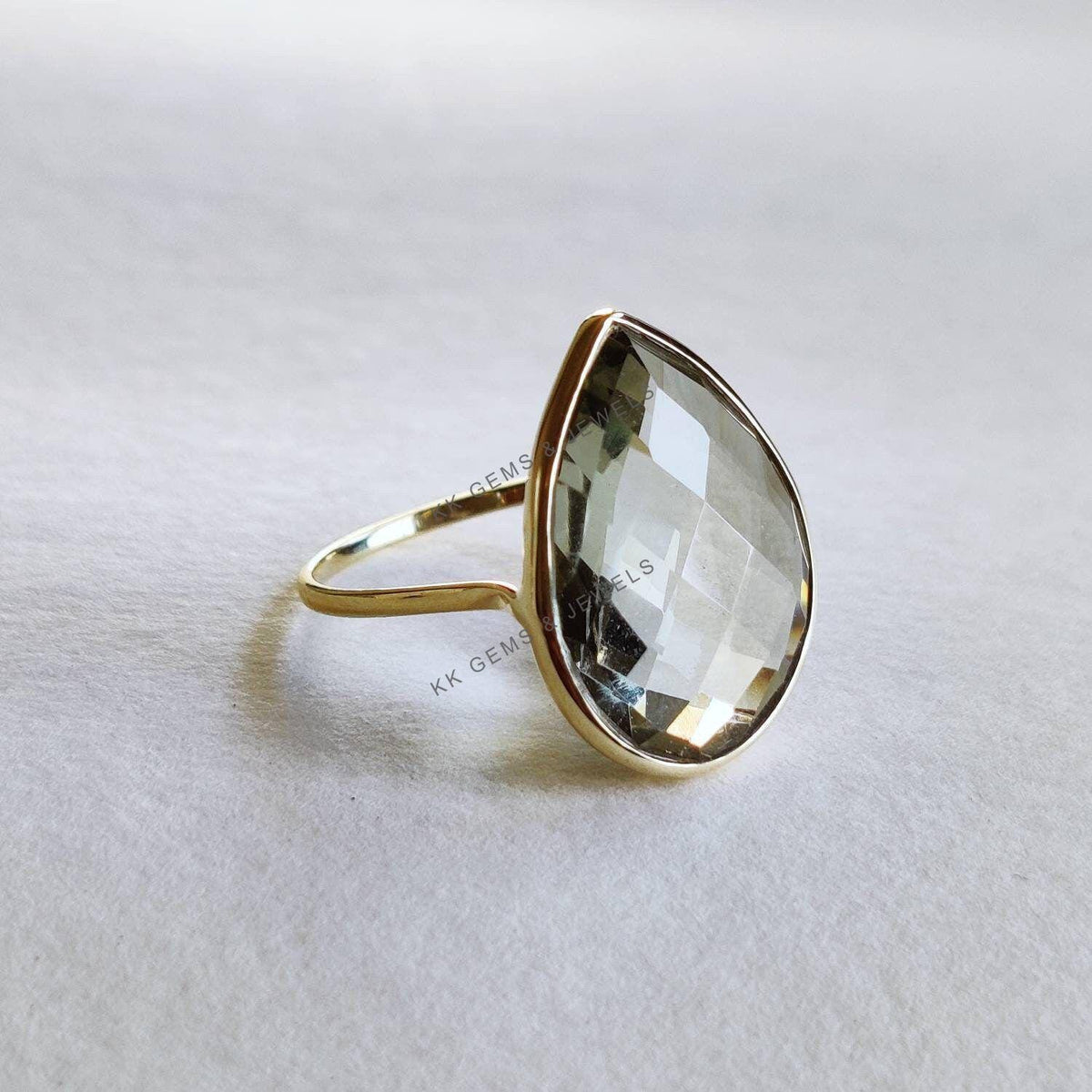 Pear Natural Green Amethyst Ring, 14K Solid Yellow Gold Ring, February Birthstone