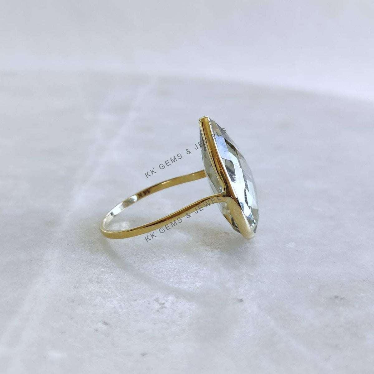 Pear Natural Green Amethyst Ring, 14K Solid Yellow Gold Ring, February Birthstone