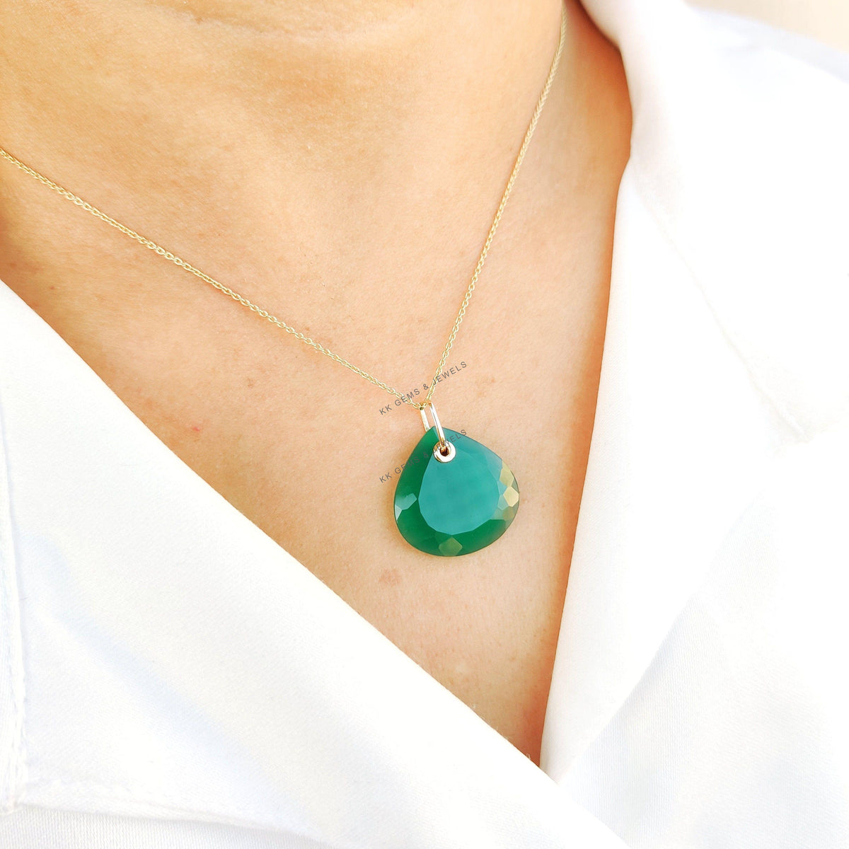 14K Solid Yellow Gold Natural Green Onyx Trillion Pendant, May Birthstone Jewelry, Christmas Present