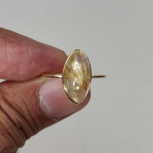 14K Solid Gold Natural Golden Rutile Ring: Marquise April Birthstone Ring