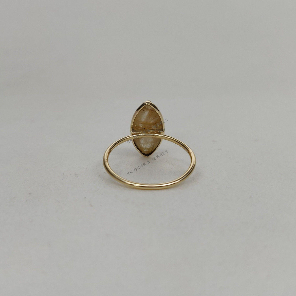 14K Solid Gold Natural Golden Rutile Ring: Marquise April Birthstone Ring