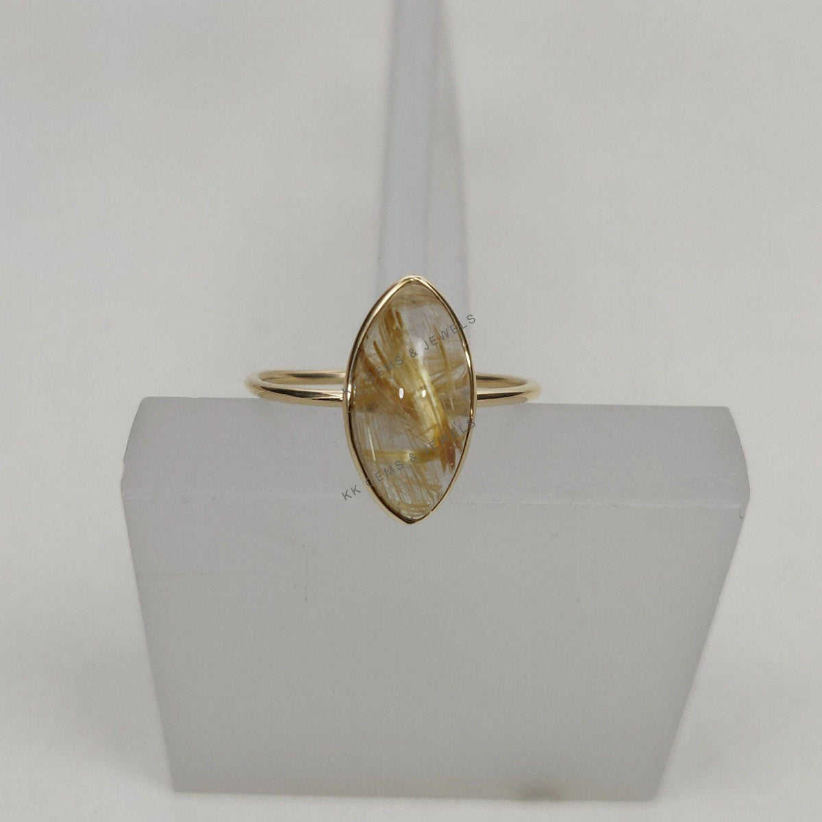 14K Solid Gold Natural Golden Rutile Ring: Marquise April Birthstone Ring