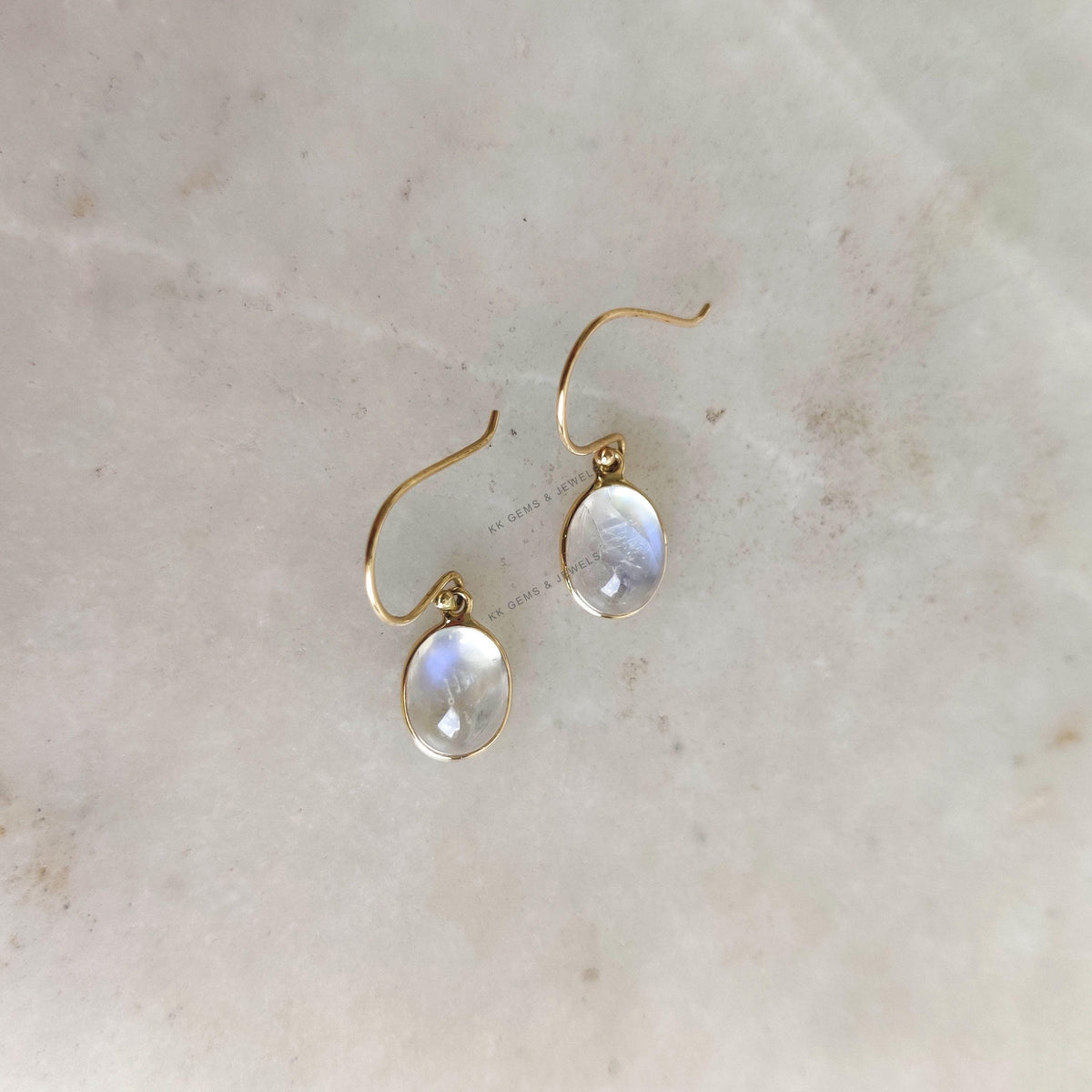 14K Solid Yellow Gold Natural Rainbow Moonstone Drop Earrings, June Birthstone