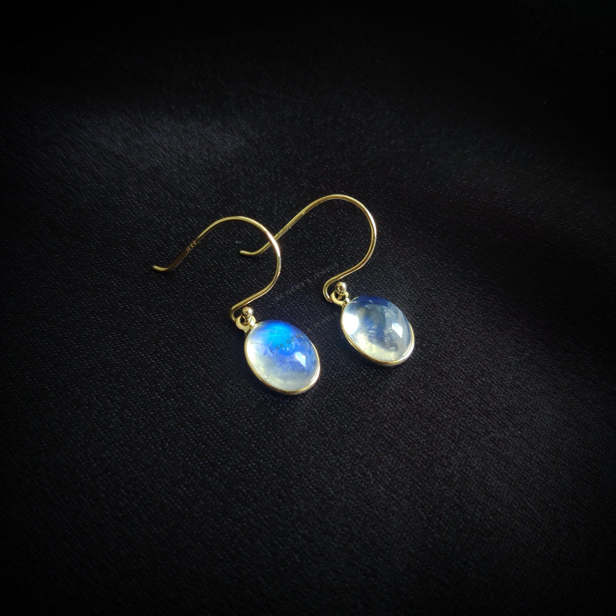14K Solid Yellow Gold Natural Rainbow Moonstone Drop Earrings, June Birthstone