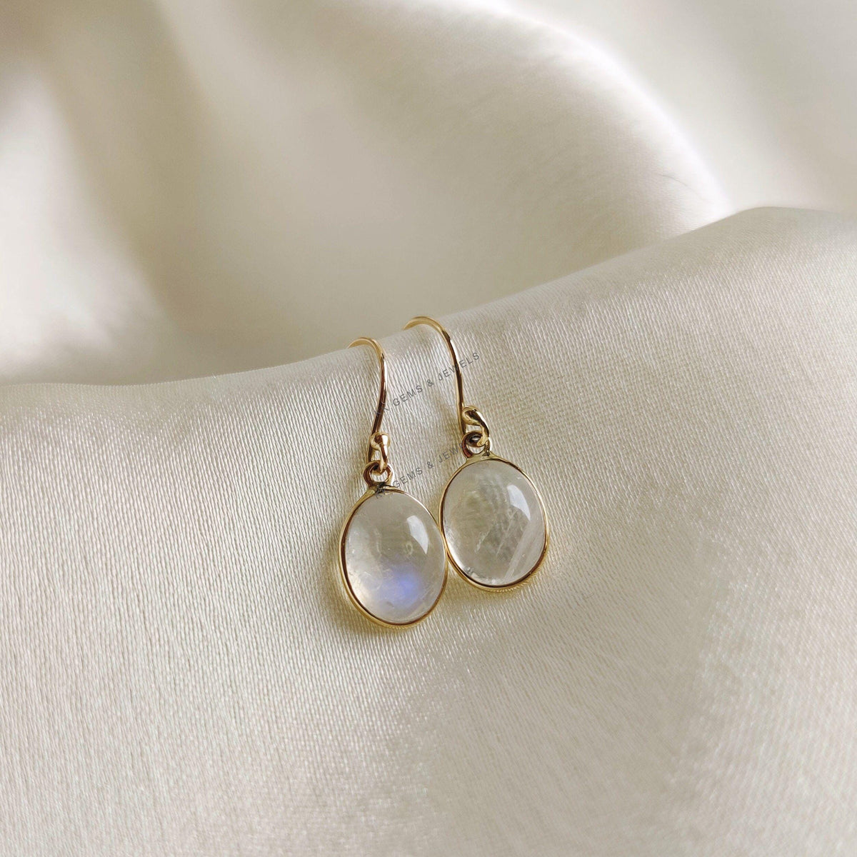 14K Solid Yellow Gold Natural Rainbow Moonstone Drop Earrings, June Birthstone