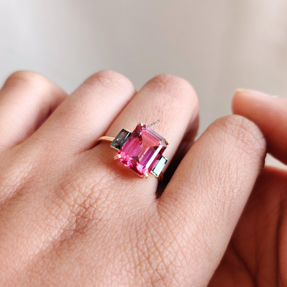 Natural Pink & London Blue Topaz 14K Solid Gold Ring, December Birthstone