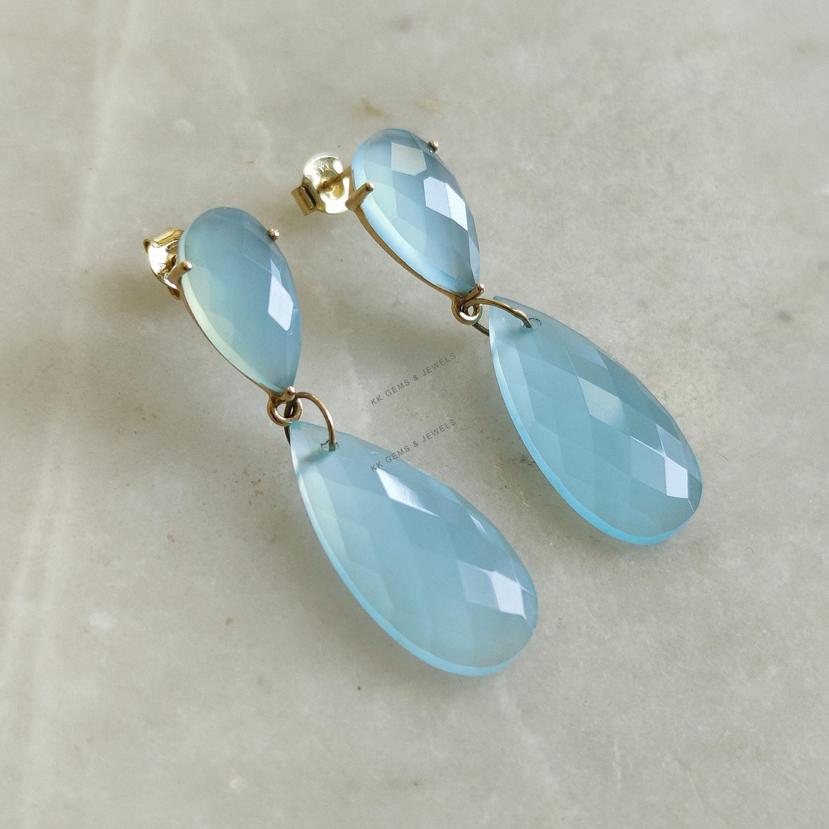 Natural Blue Chalcedony Drop Earrings, 14K Solid Yellow Gold, Fancy Jewelry