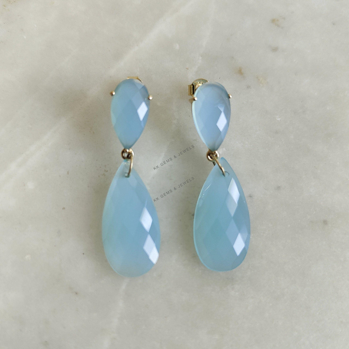 Natural Blue Chalcedony Drop Earrings, 14K Solid Yellow Gold, Fancy Jewelry