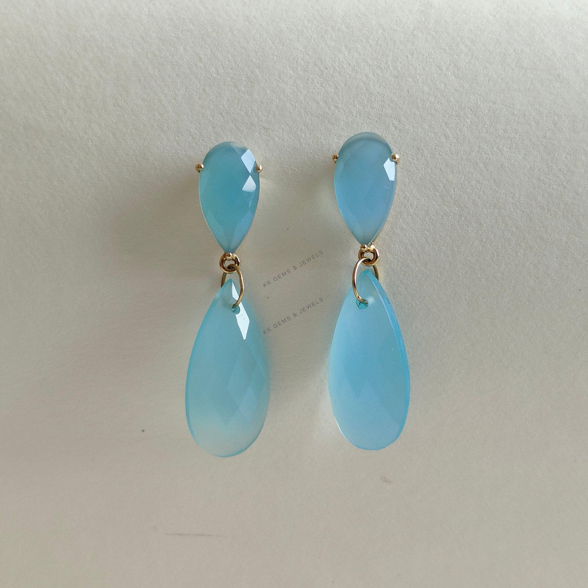 Natural Blue Chalcedony Drop Earrings, 14K Solid Yellow Gold, Fancy Jewelry