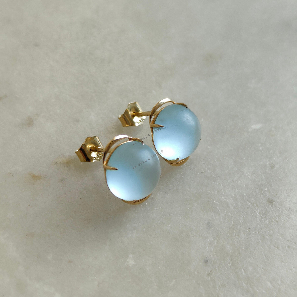 Natural Frosted Sky Blue Topaz Studs, 14K Solid Yellow Gold, December Birthstone