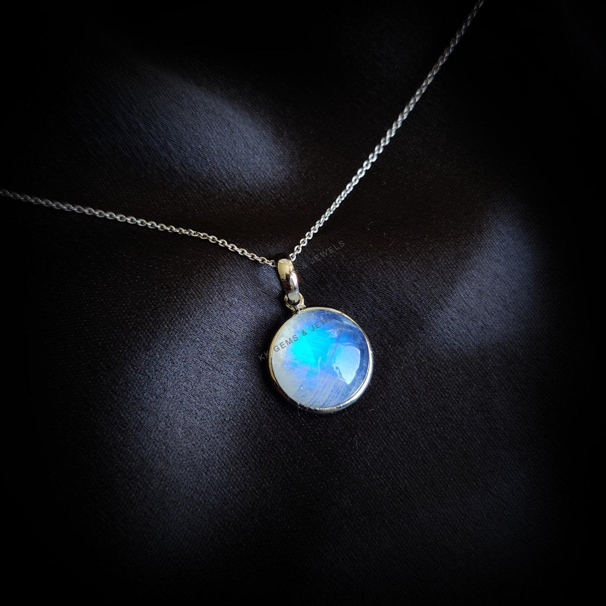 Natural Rainbow Moonstone 14K Solid White Gold Pendant, June Birthstone