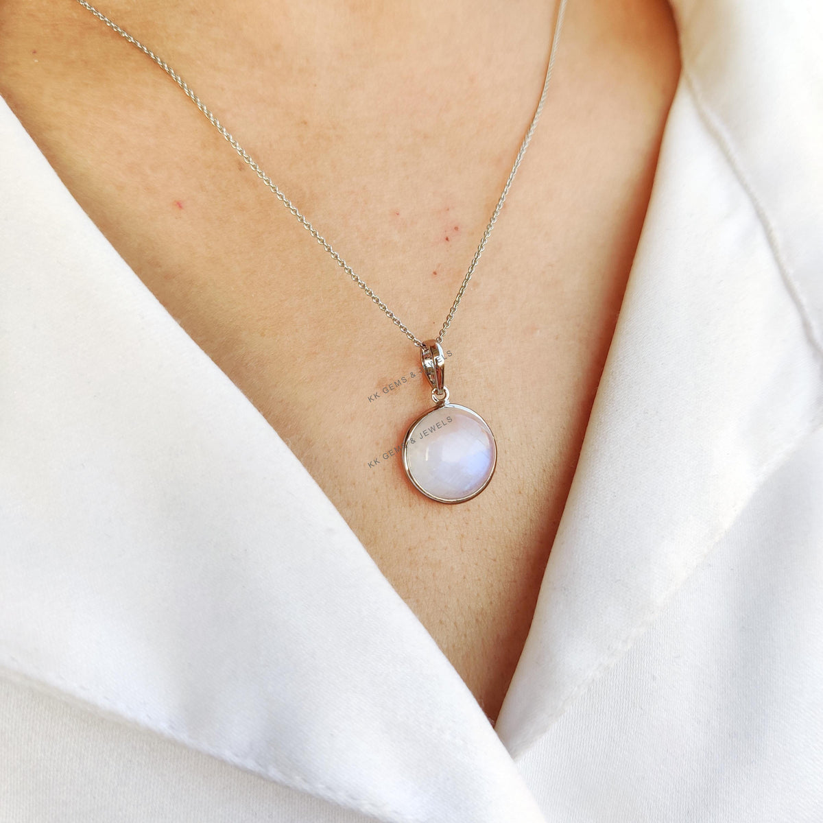 Natural Rainbow Moonstone 14K Solid White Gold Pendant, June Birthstone