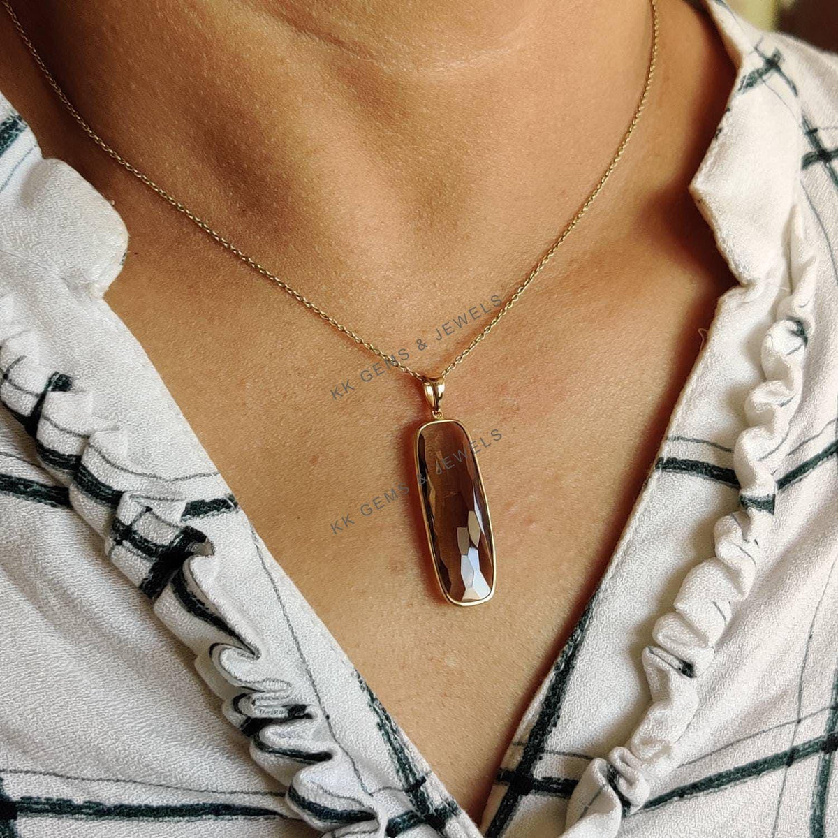 14K Solid Yellow Gold Natural Smoky Quartz Bezel Pendant, Rectangle Cut