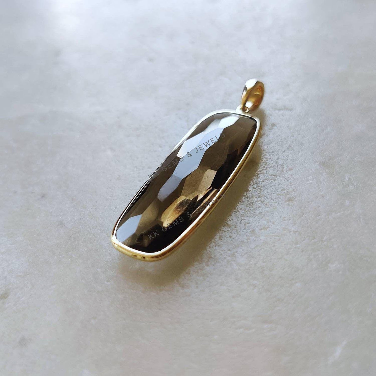14K Solid Yellow Gold Natural Smoky Quartz Bezel Pendant, Rectangle Cut