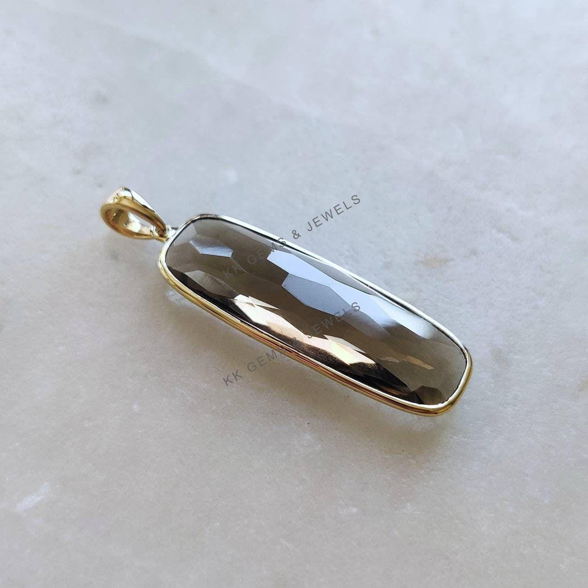 14K Solid Yellow Gold Natural Smoky Quartz Bezel Pendant, Rectangle Cut