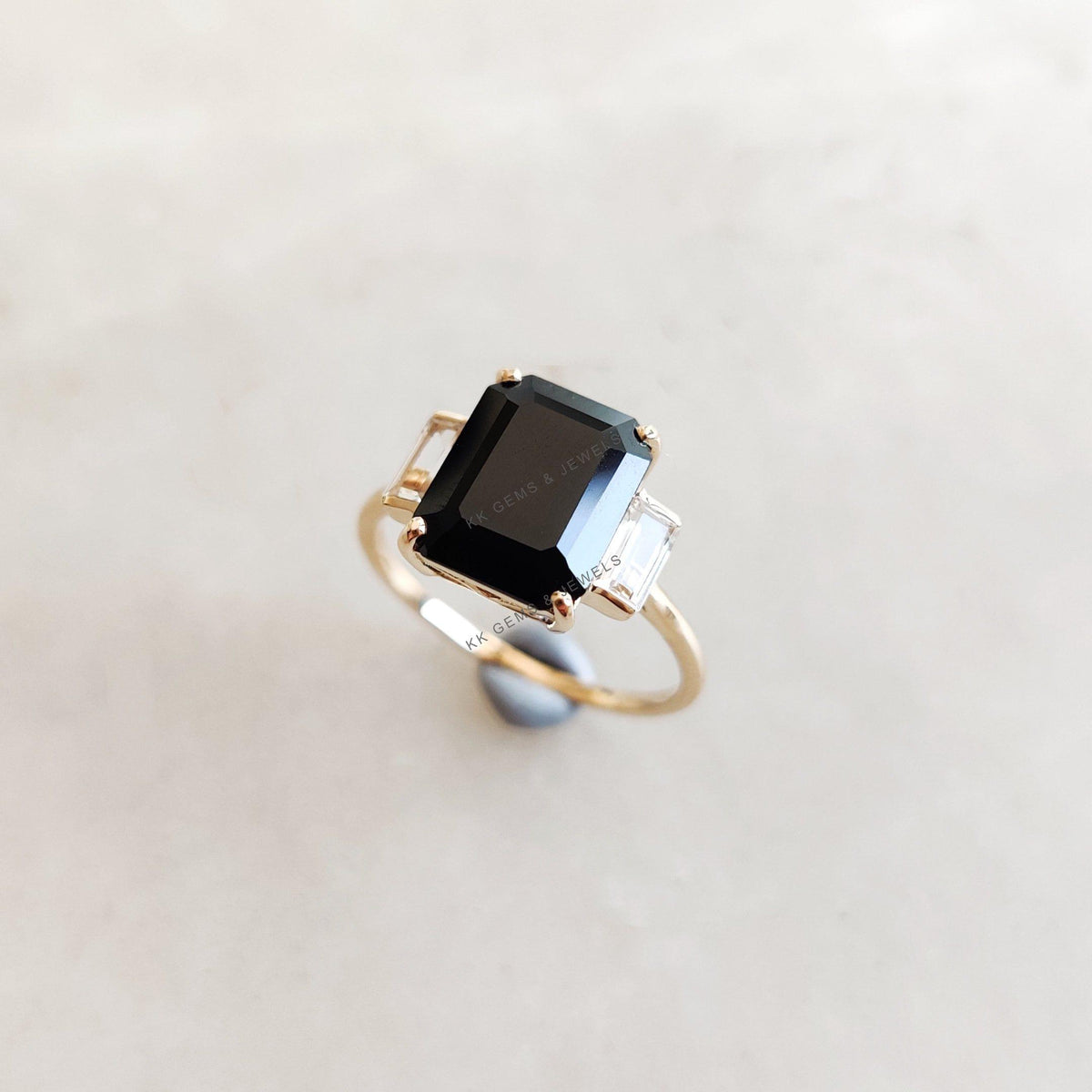 Natural Black Onyx & White Topaz Ring, 14K Solid Yellow Gold, Statement Ring