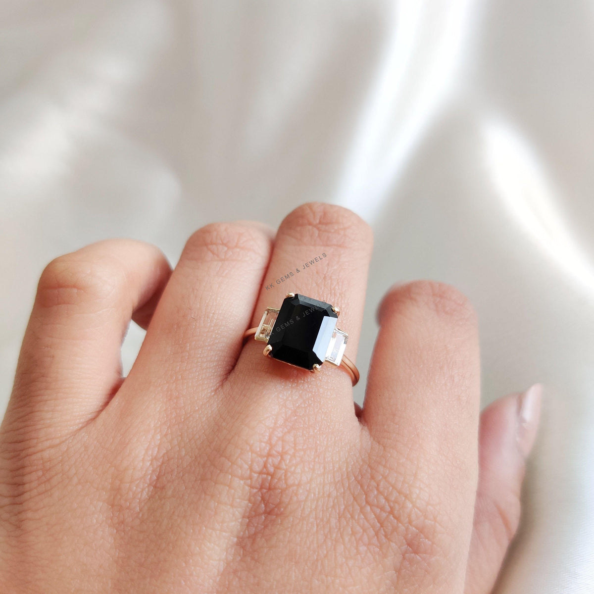 Natural Black Onyx & White Topaz Ring, 14K Solid Yellow Gold, Statement Ring
