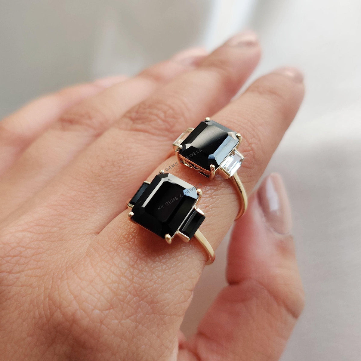 Natural Black Onyx & White Topaz Ring, 14K Solid Yellow Gold, Statement Ring