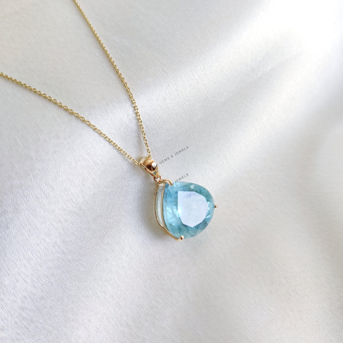 Pear Natural Aquamarine Pendant, 14K Solid Yellow Gold, March Birthstone