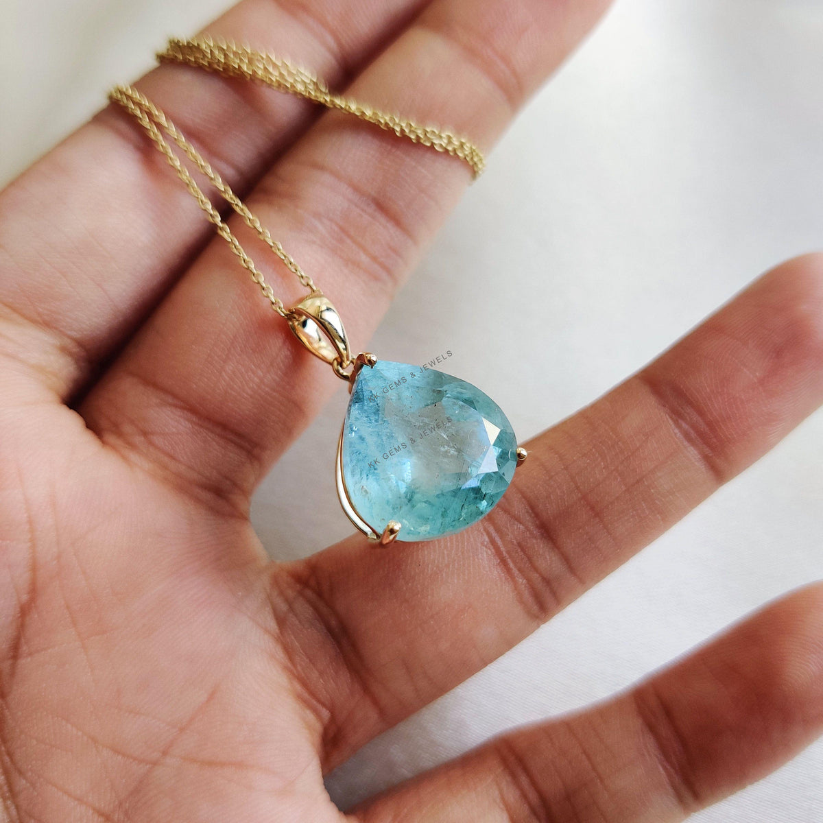 Pear Natural Aquamarine Pendant, 14K Solid Yellow Gold, March Birthstone