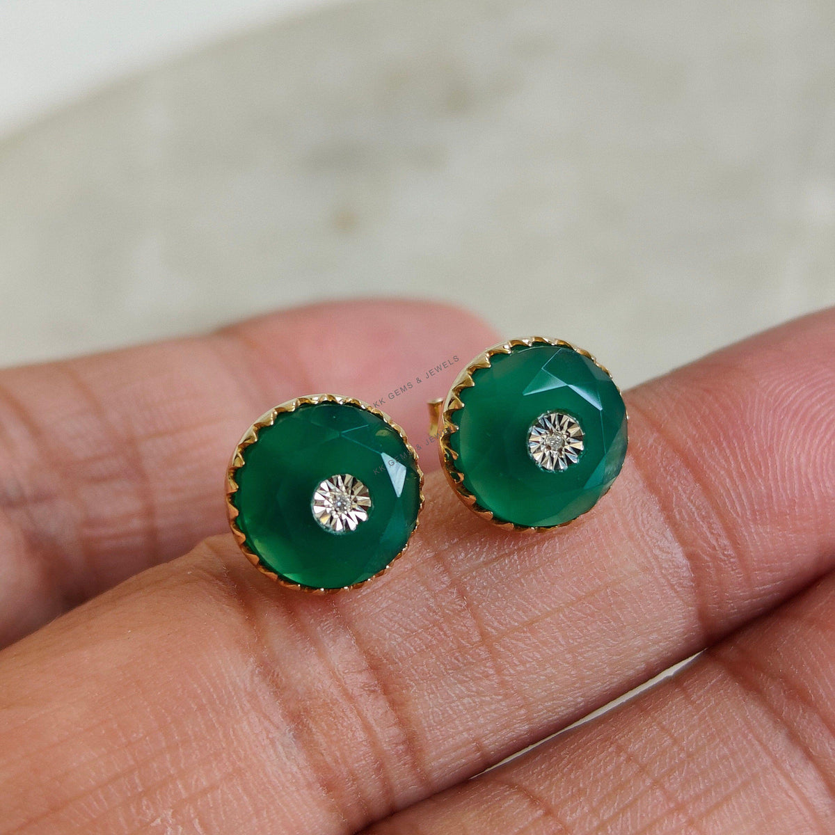 Natural Green Onyx & Diamond Stud Earrings, 14K Solid Yellow Gold, May Birthstone