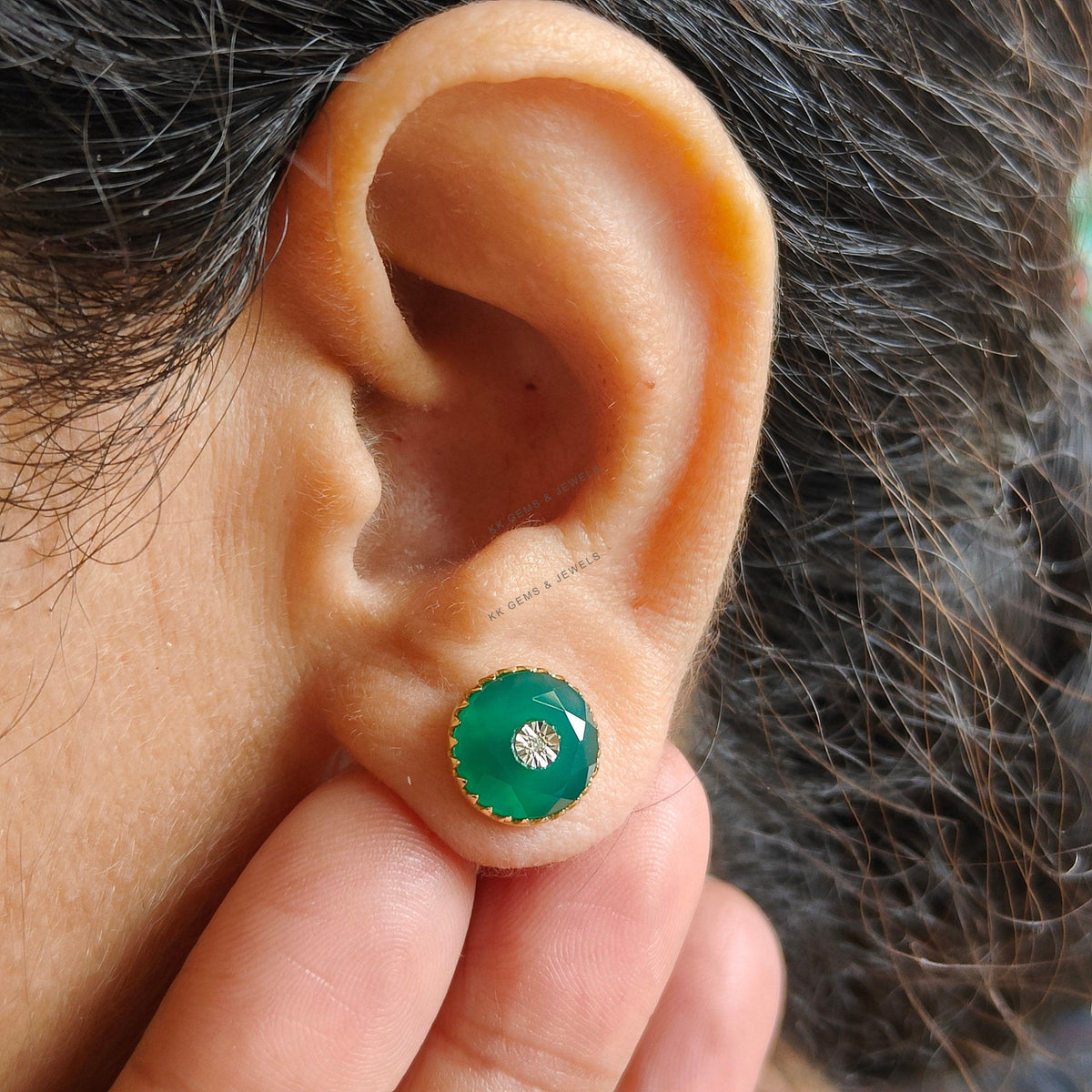 Natural Green Onyx & Diamond Stud Earrings, 14K Solid Yellow Gold, May Birthstone