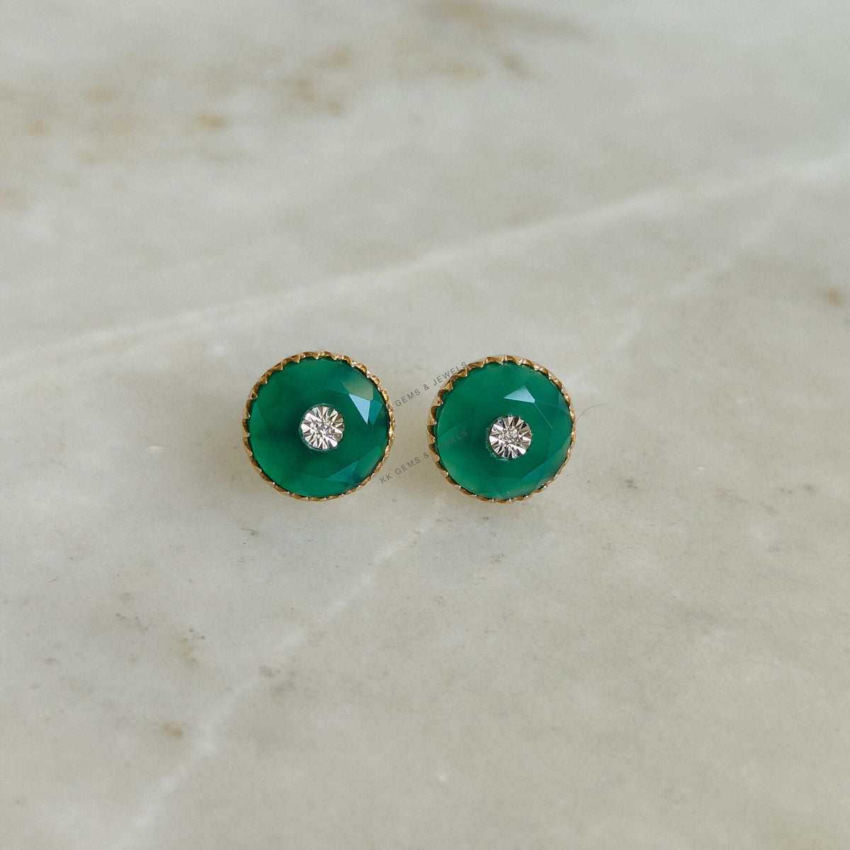 Natural Green Onyx & Diamond Stud Earrings, 14K Solid Yellow Gold, May Birthstone