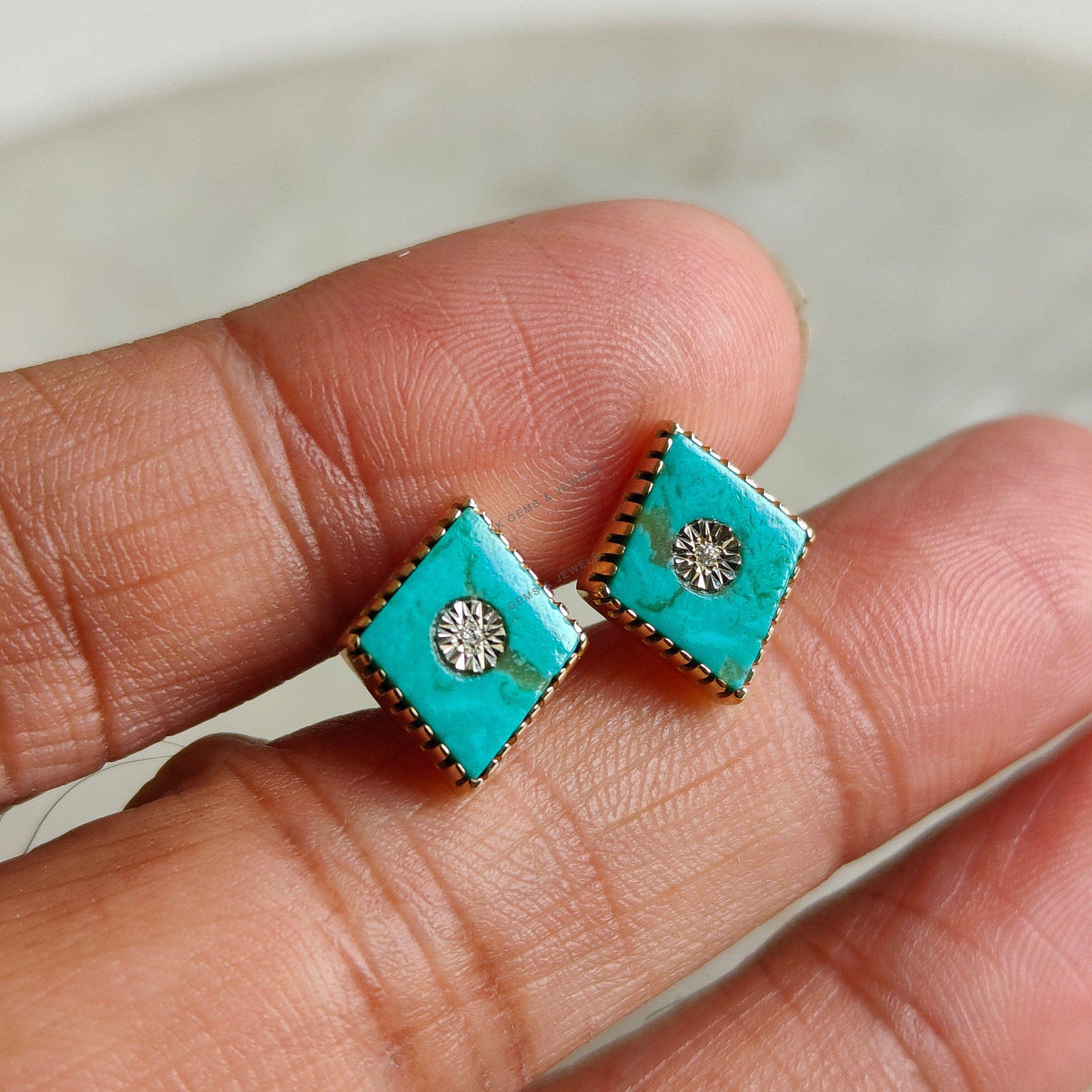 14K Solid Yellow Gold Natural Arizona Turquoise & Diamond Studs, December Birthstone