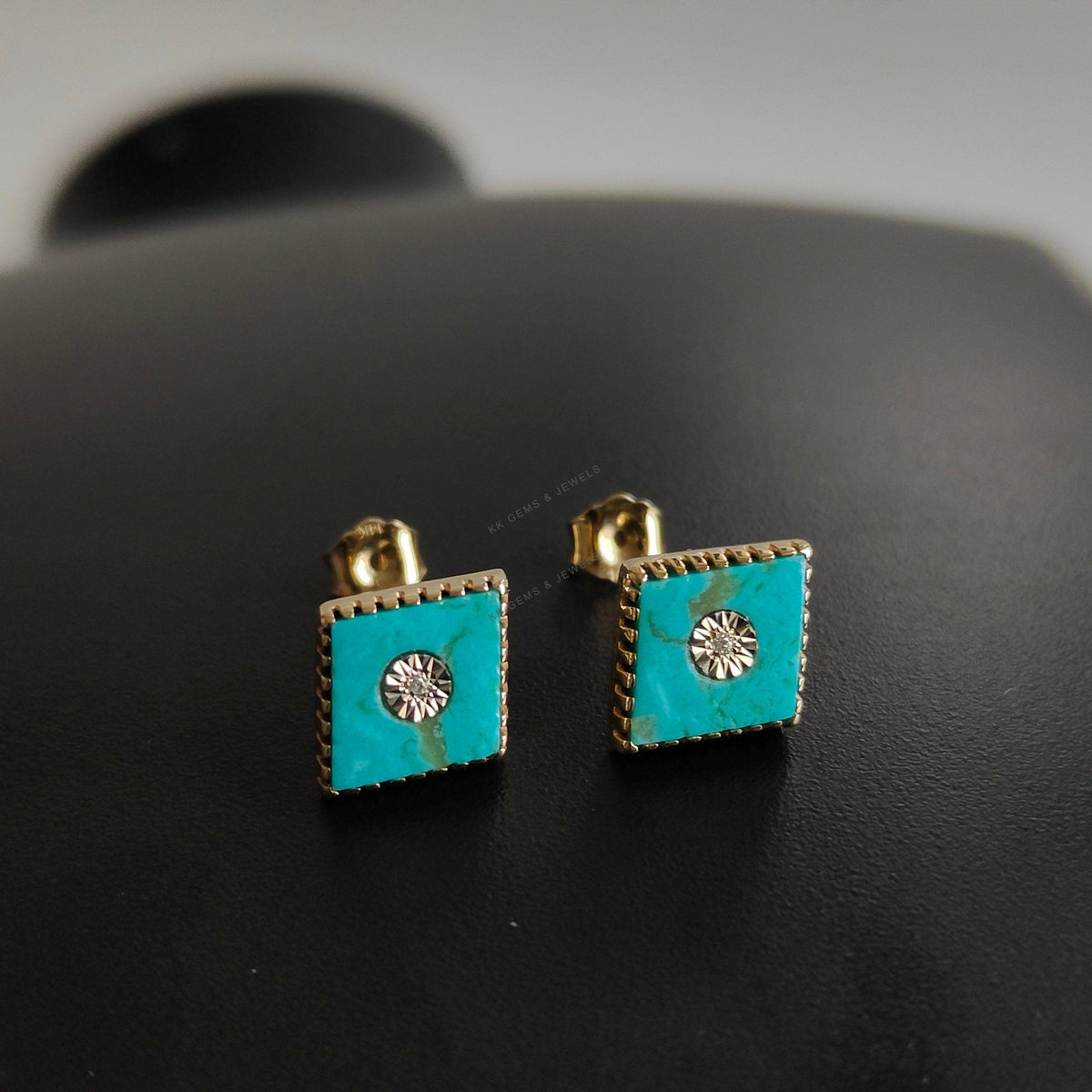 14K Solid Yellow Gold Natural Arizona Turquoise & Diamond Studs, December Birthstone