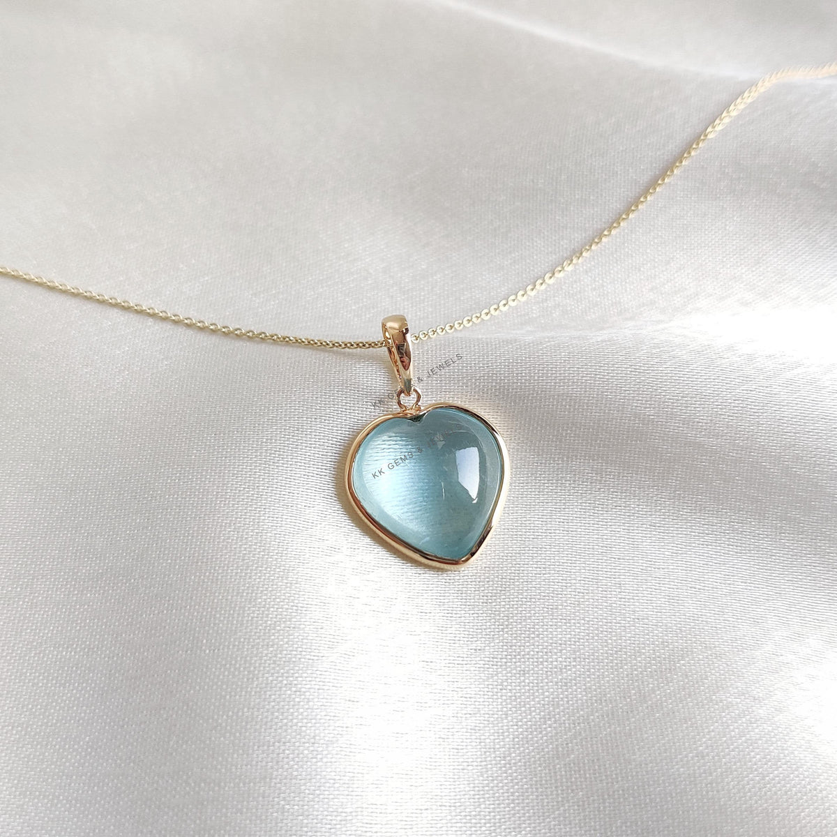 14K Solid Yellow Gold Natural Aquamarine Heart Pendant - March Birthstone