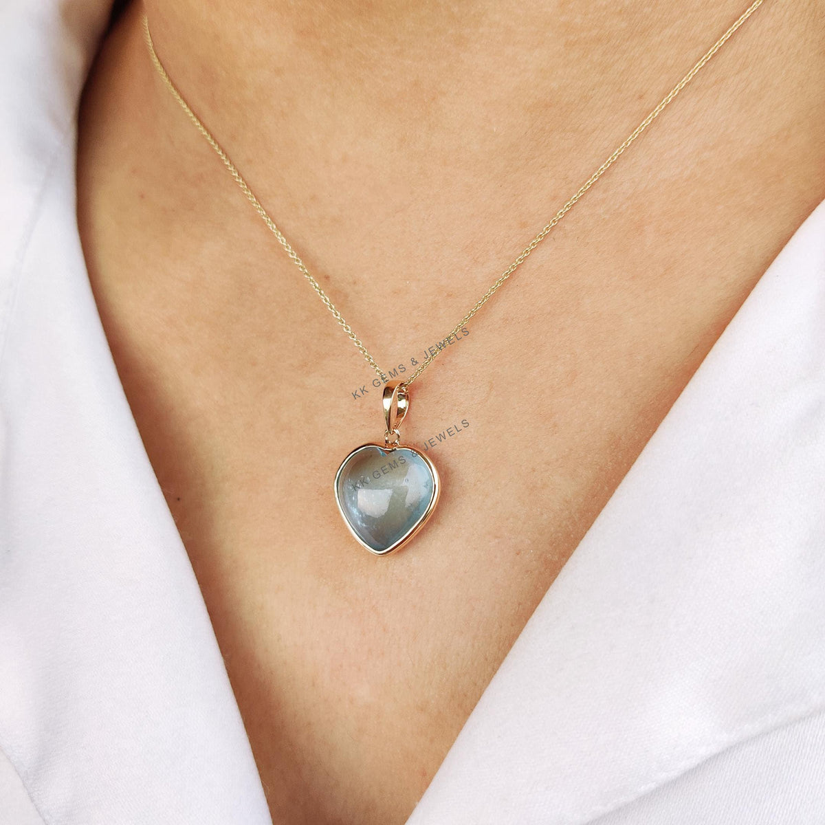 14K Solid Yellow Gold Natural Aquamarine Heart Pendant - March Birthstone